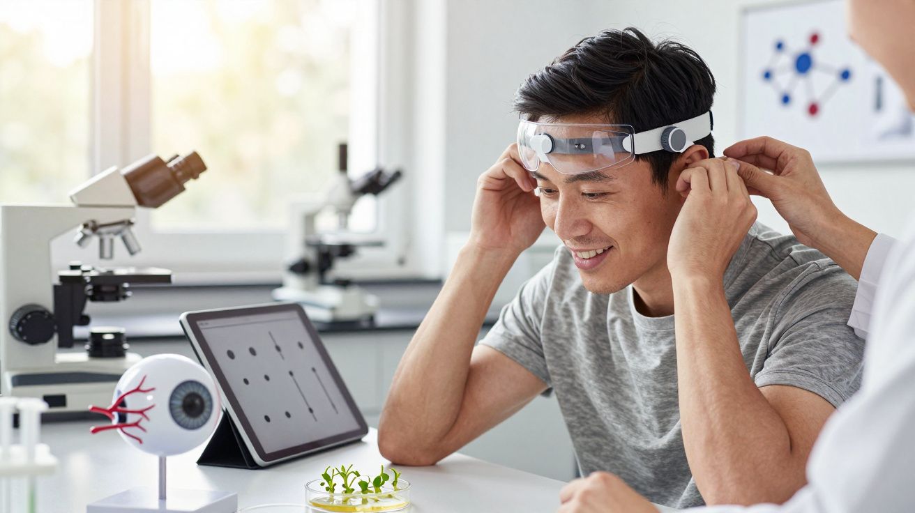 Bărbat purtând dispozitiv pe cap într-un laborator, cu microscop și tabletă în fundal.