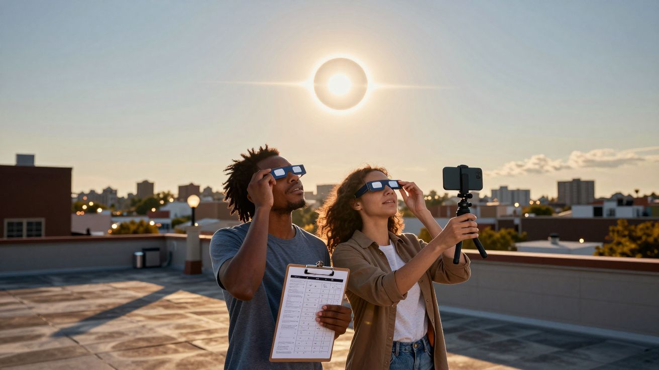 Două persoane observă o eclipsă solară de pe un acoperiș, purtând ochelari speciali și folosind un suport de telefon.