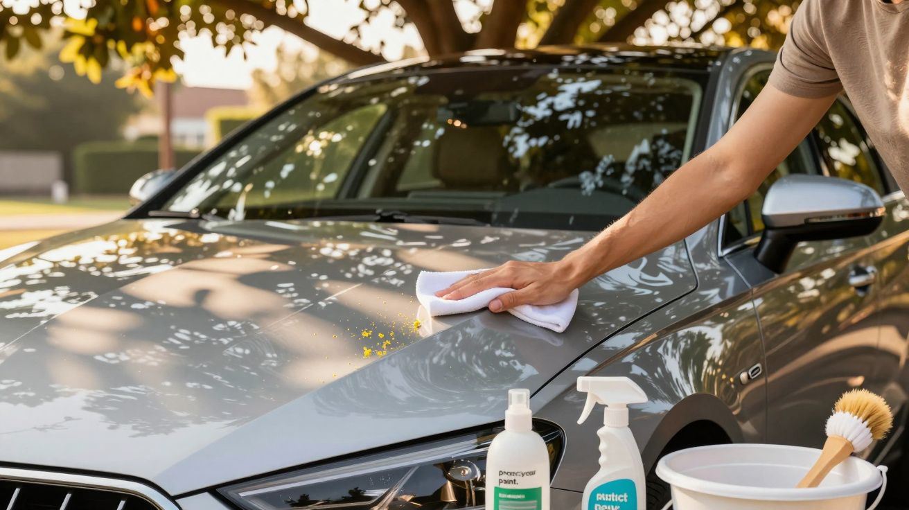 Bărbat curăță capota unui automobil gri, folosind o cârpă albă, sub un copac.