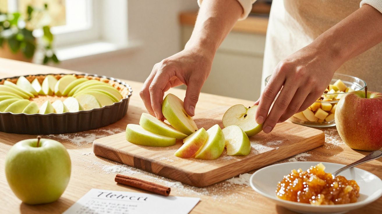 Persoană pregătind o tartă cu mere în bucătărie, felii de măr și ingrediente pe masă de lemn.