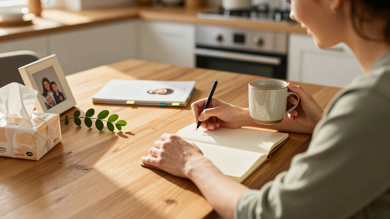 Femeie scriind într-un jurnal la masă, ținând o cană, cu rame de fotografii și șervețele în apropiere.