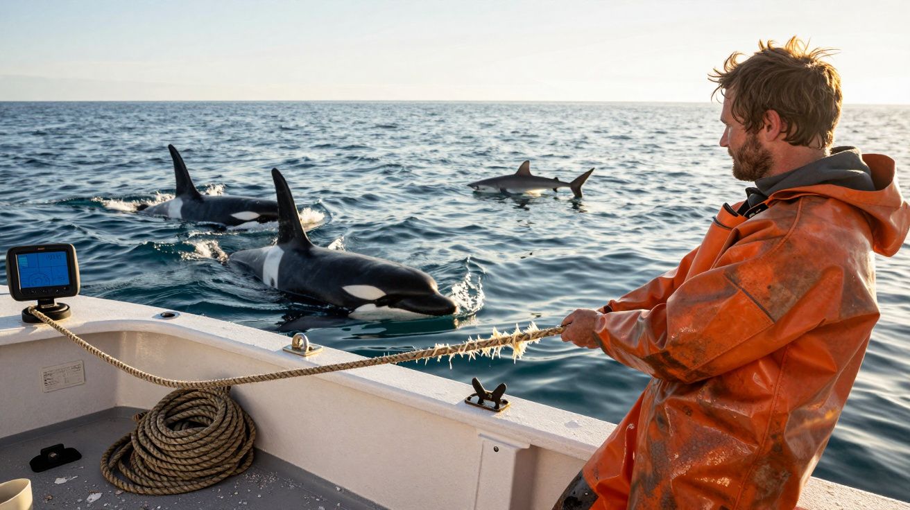 Bărbat într-o barcă trăgând o frânghie, cu trei orca înotând în apă albastră sub un cer senin.