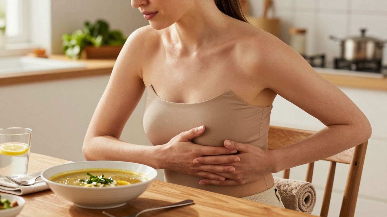 Femeie la masă ținându-se de stomac, cu o farfurie de supă și un pahar cu apă cu lămâie în față.