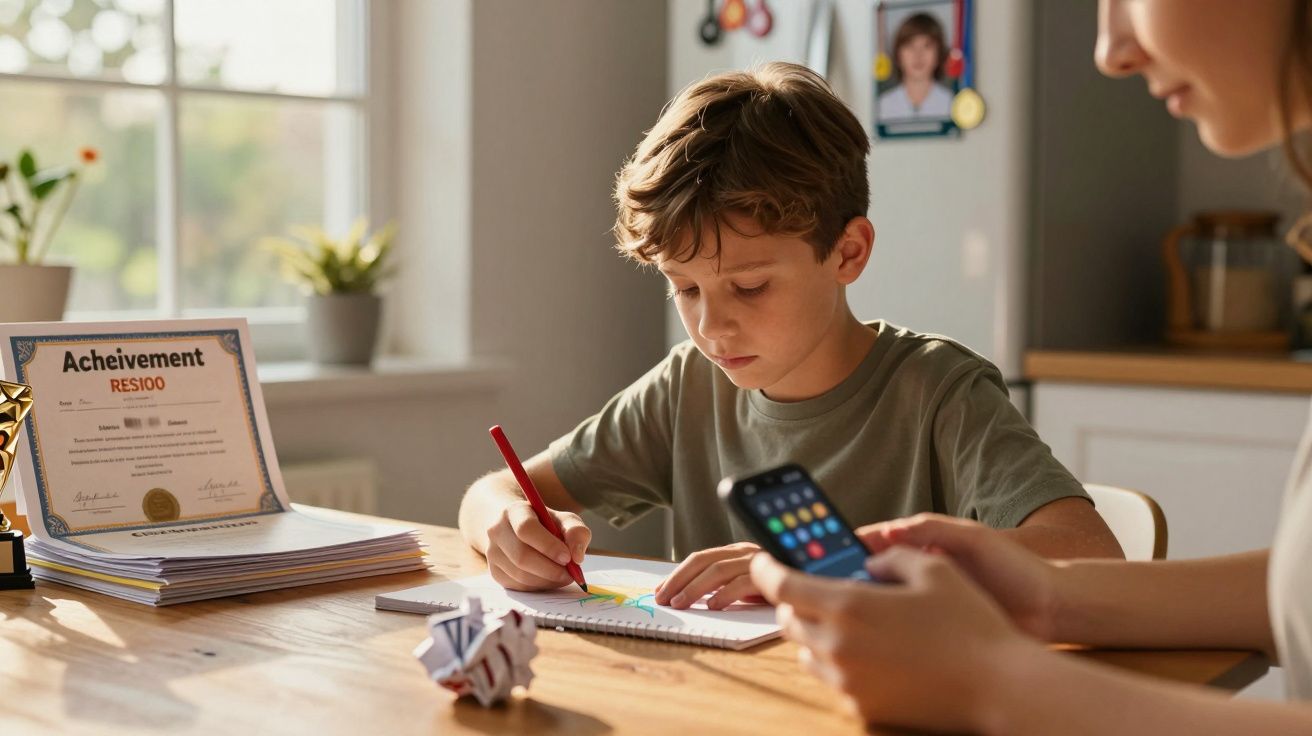 Băiat desenând la masă, alături de o persoană cu telefon; în fundal o diplomă de realizare.