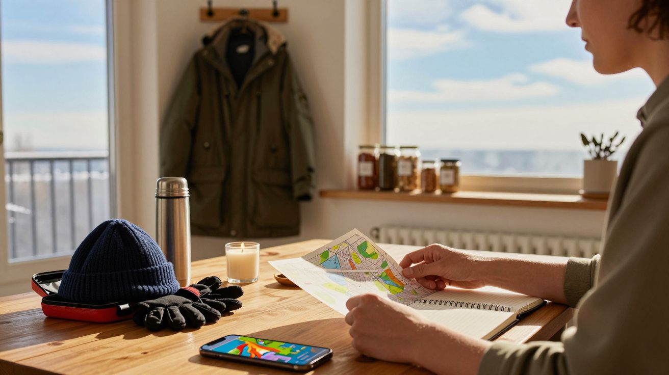 Persoană examinând o hartă la o masă; alături sunt telefon, mănuși și căciulă. Pe fundal, un palton și borcane.