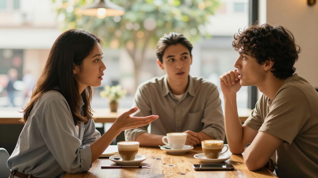 Trei persoane discută la o cafenea, fiecare cu câte o ceașcă de cafea în față, atmosfera este relaxată și prietenoasă.