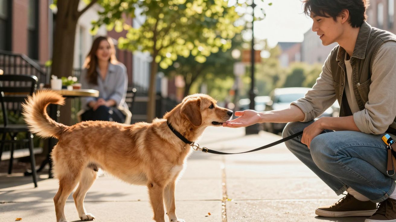 Un bărbat hrănește un câine pe trotuar, în timp ce o femeie stă la o masă în fundal.
