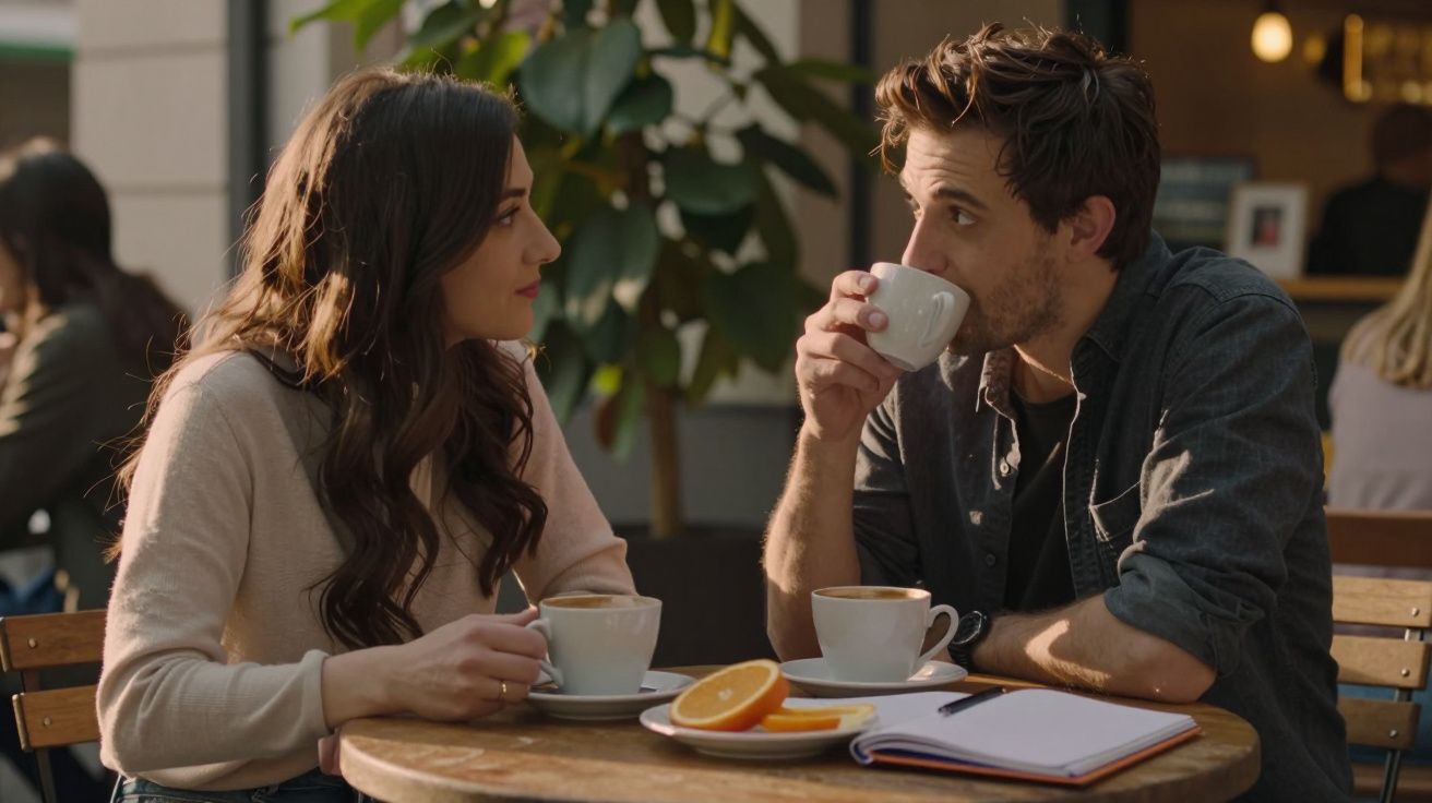 Un bărbat și o femeie discută și beau cafea la o terasă însorită, cu un carnețel deschis și felii de portocală pe masă.
