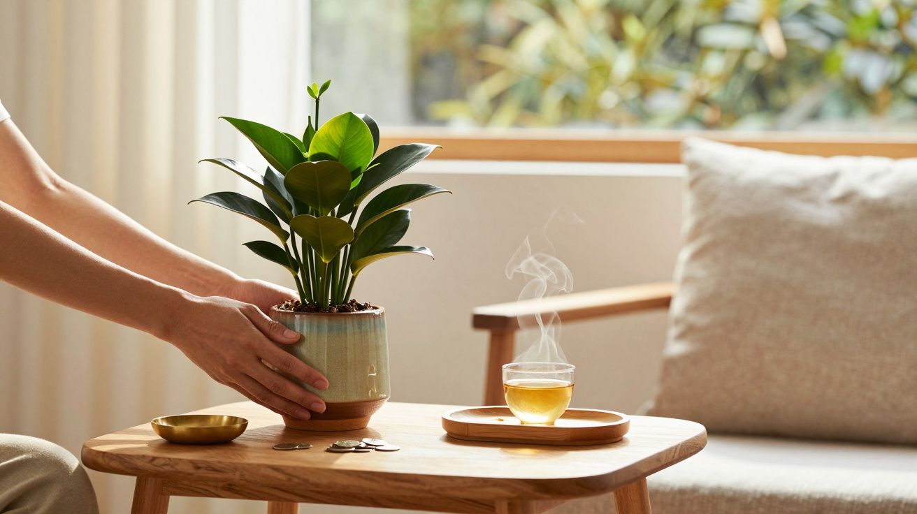 O persoană așază un ghiveci cu plantă pe o masă lângă o ceașcă de ceai aburind într-un living luminos.