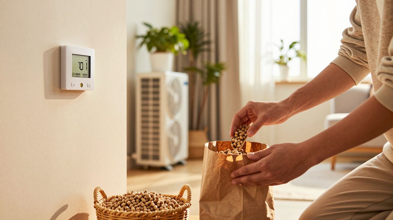Persoană pune pelete de lemn într-o pungă, cu un termostat și un aparat de aer condiționat în cameră.