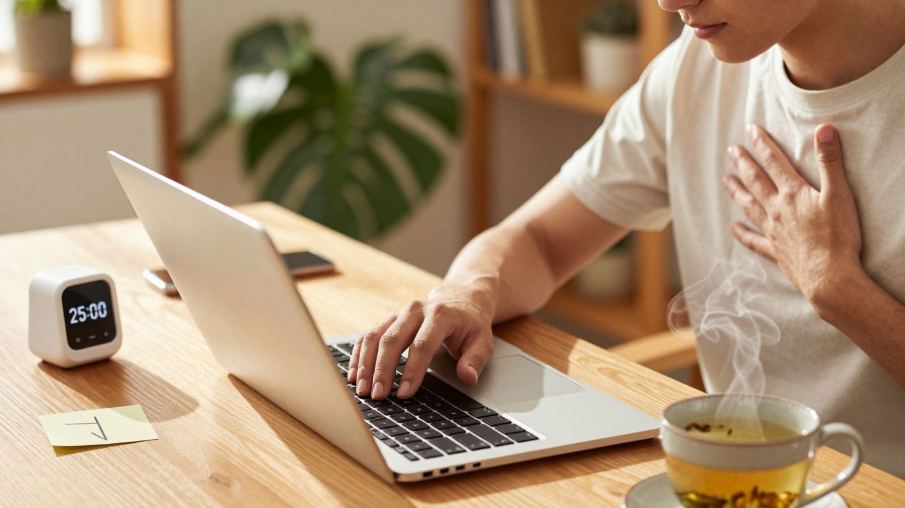 Persoană lucrând la laptop, cană cu ceai în față și timer pe masă, în decor de birou acasă.