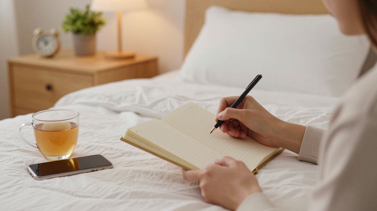Persoană scriind în jurnal pe un pat, alături de o ceașcă de ceai și un telefon pe o măsuță de lemn.