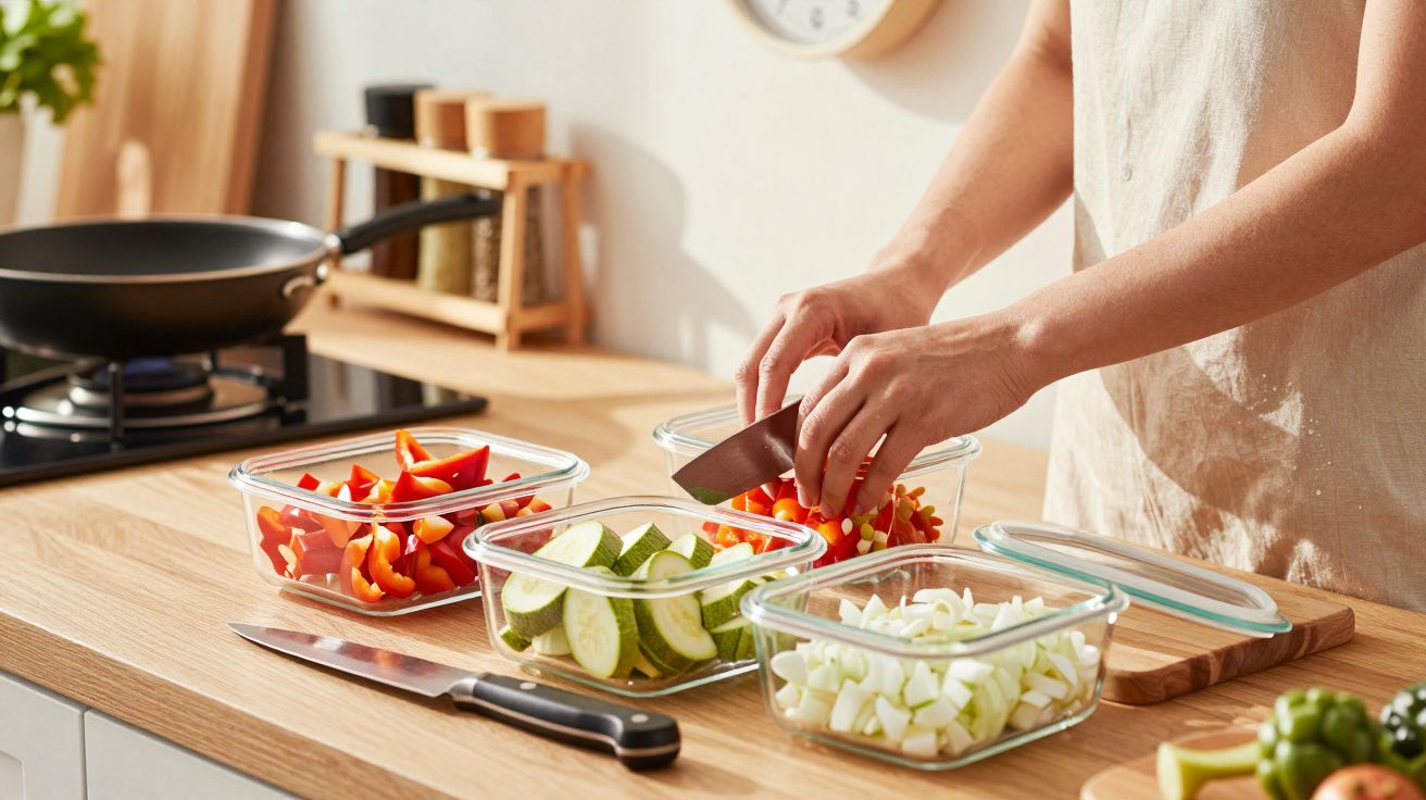Persoană tăind legume, ardei și ceapă, pe o masă de bucătărie, lângă trei caserole de sticlă și un cuțit.