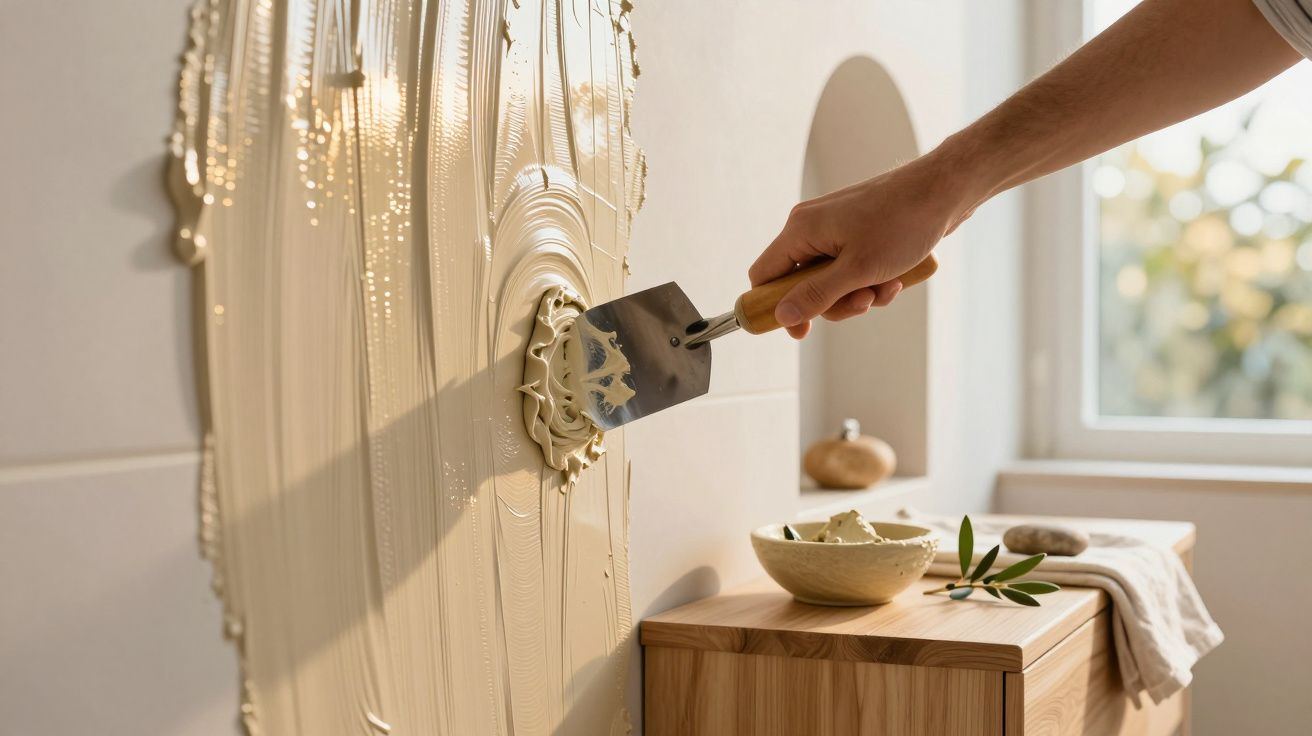 Mână aplicând un strat de mortar pe un perete cu o spatulă, lumina soarelui pătrunde prin fereastra din fundal.