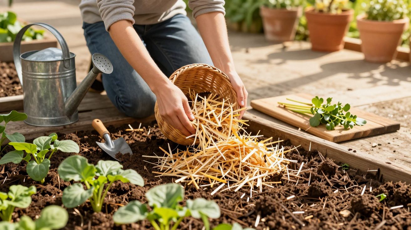 O persoană împrăștie paie pe un strat de pământ în grădină; lângă sunt un udător, lopată și legume plantate.
