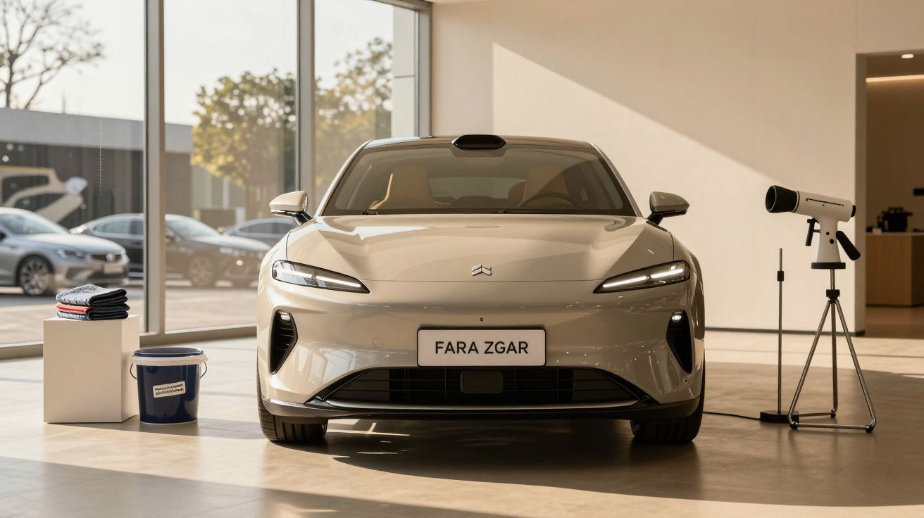 Mașină electrică albă expusă într-un showroom, cu numărul "FARA ZGAR", lângă un telescop și o găleată cu lavete.