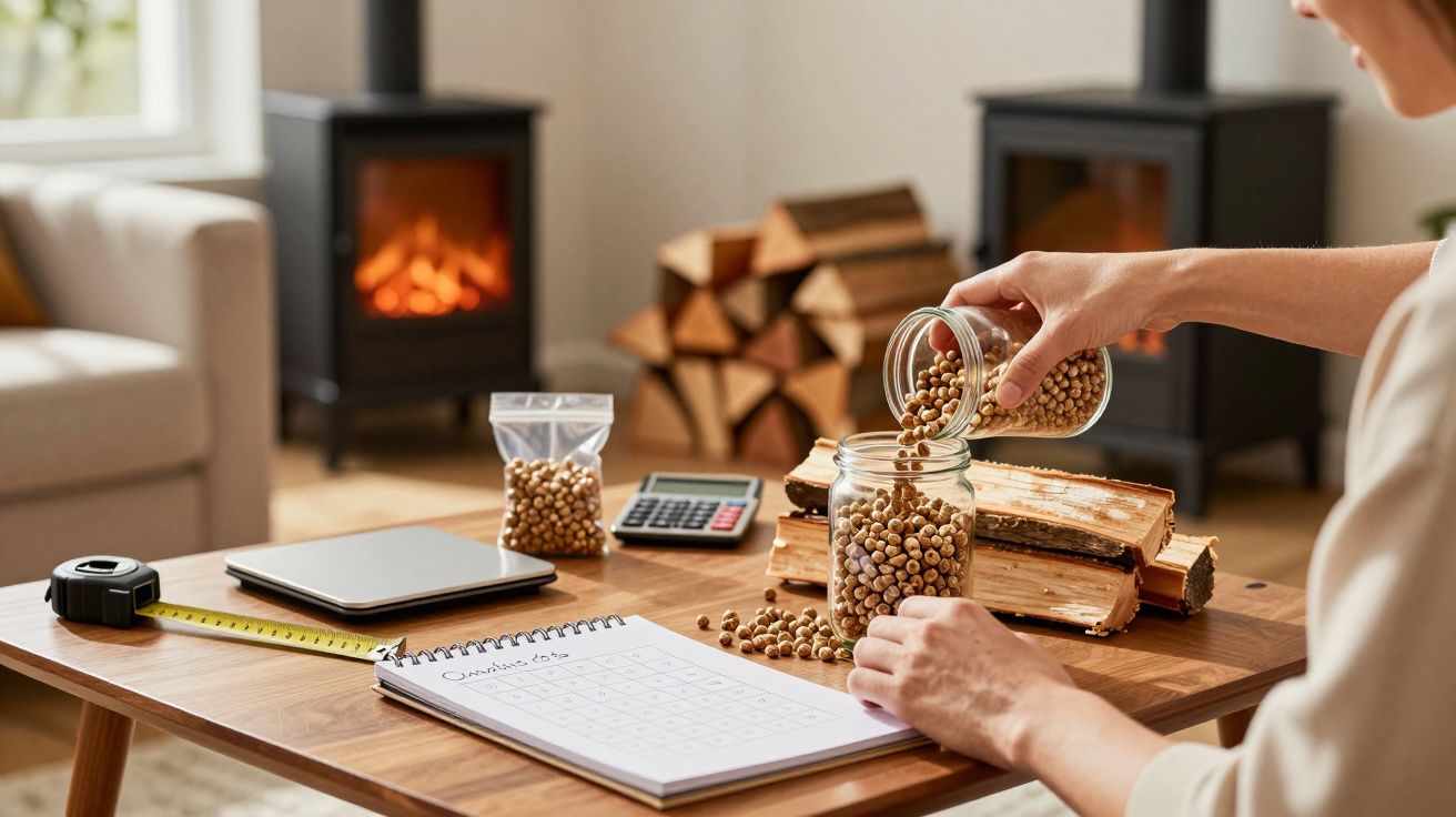 Persoană sortând boabe într-un living cu șemineu aprins, bușteni, tabletă, riglă, și calendar pe masă.
