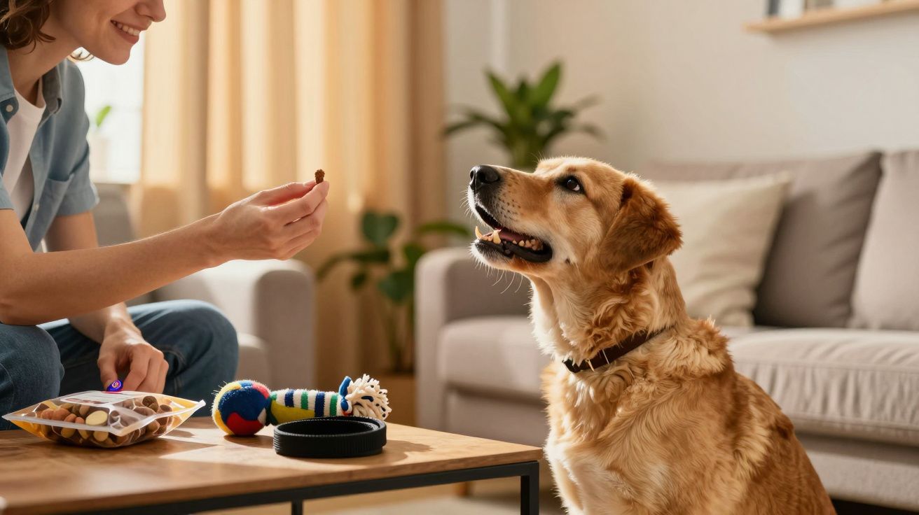 Femeie oferind recompense unui câine galben în sufragerie, lângă jucării pe masă.