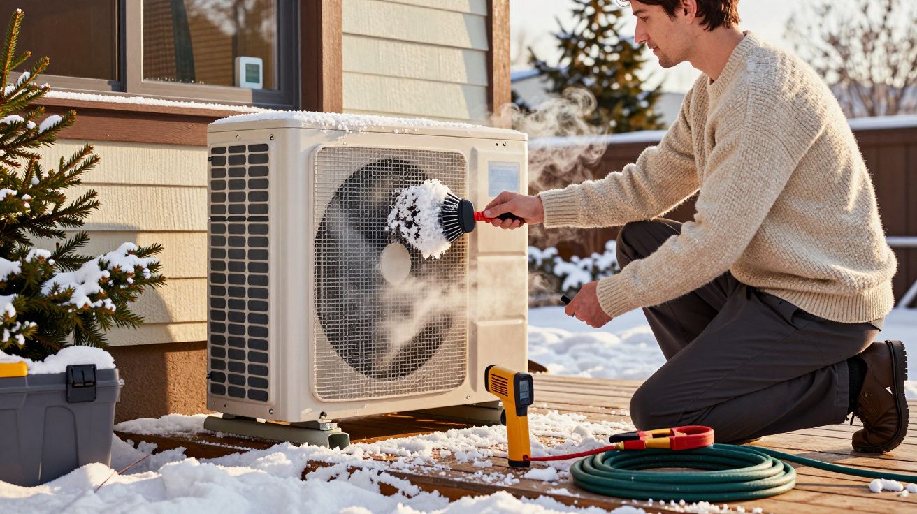 Persoană curăță zăpada de pe o unitate exterioară de aer condiționat; echipament de încălzire vizibil.