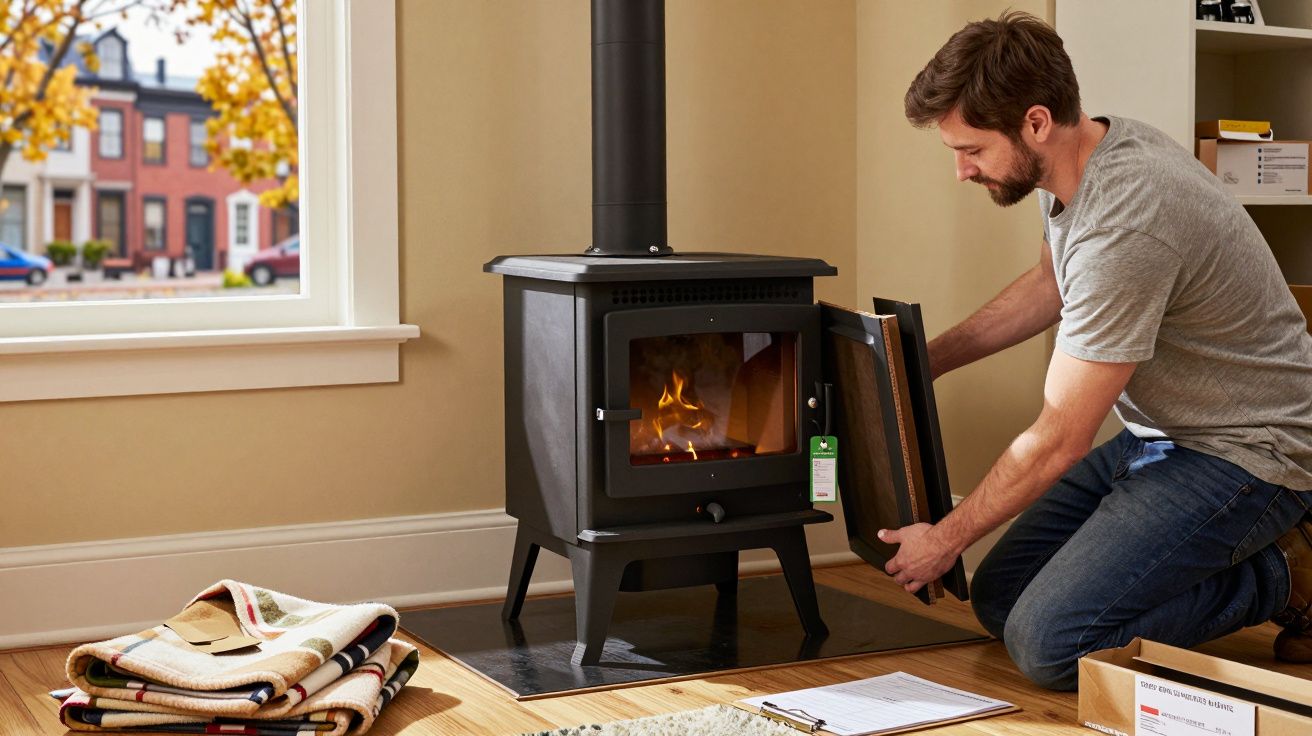 Bărbat ajustând ușa unei sobe pe lemne într-o cameră luminoasă, cu geam mare și pături pe podea.