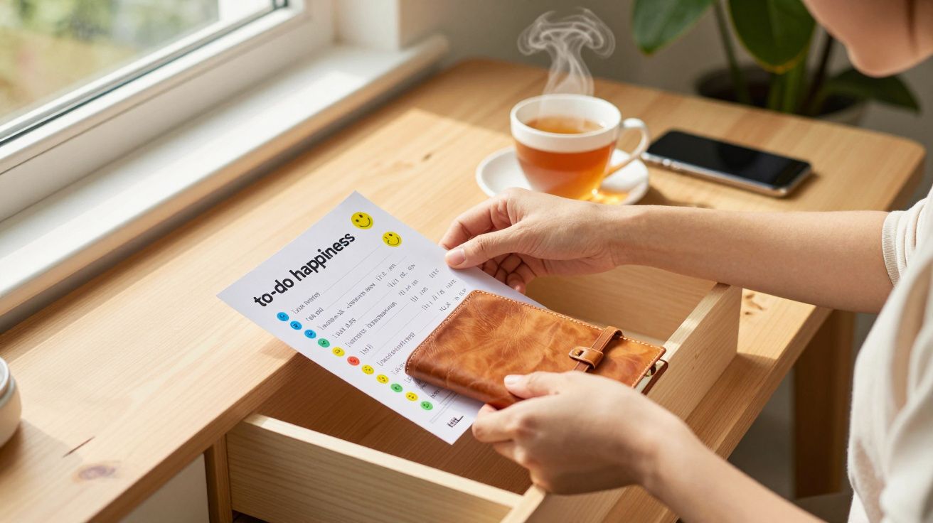 Persoană ținând un caiet și o listă cu sarcini pe o masă de lemn, alături de o ceașcă de ceai și un telefon.