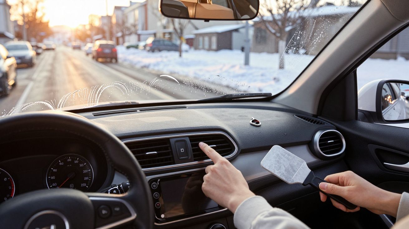 Persoană curăță parbrizul înghețat al unei mașini, într-un peisaj de iarnă urban, la apus.