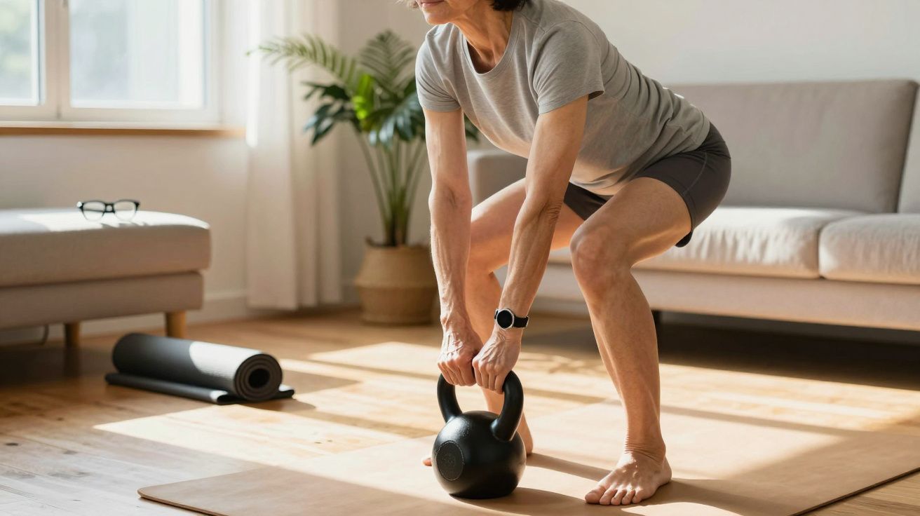 Femeie în vârstă, antrenament cu kettlebell într-o cameră luminoasă.