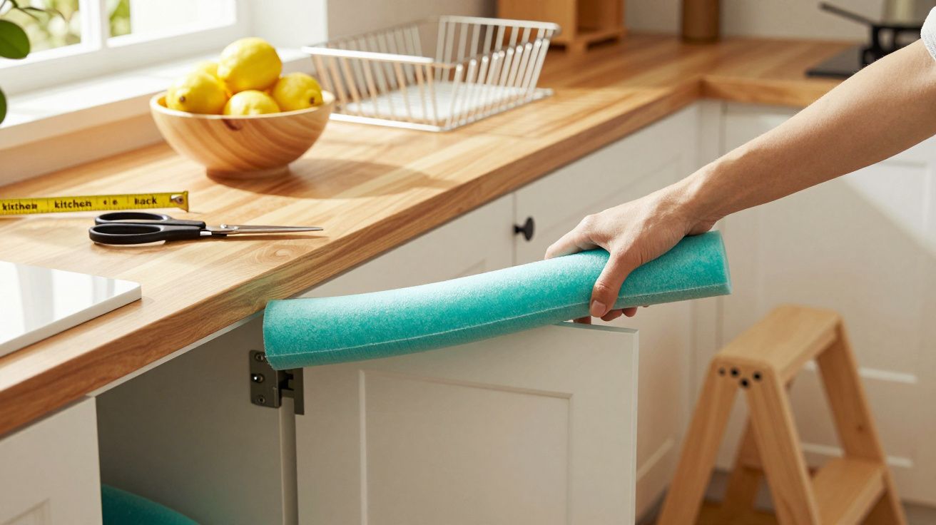 Persoană instalând un tub de spumă albastră pe marginea unui dulap de bucătărie din lemn pentru protecție.