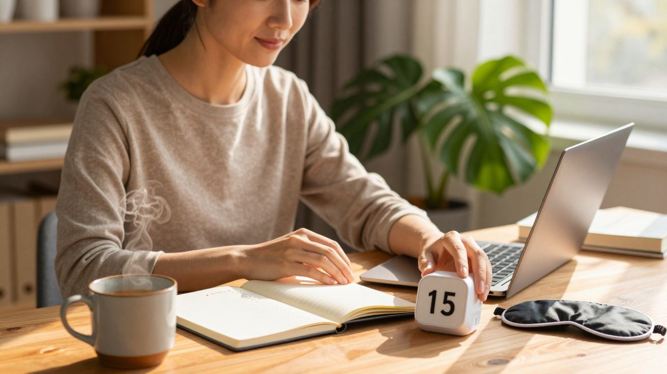 Femeie lucrând la laptop, cu calendar pe masă, carnețel, cană, mască de dormit și plantă în fundal.