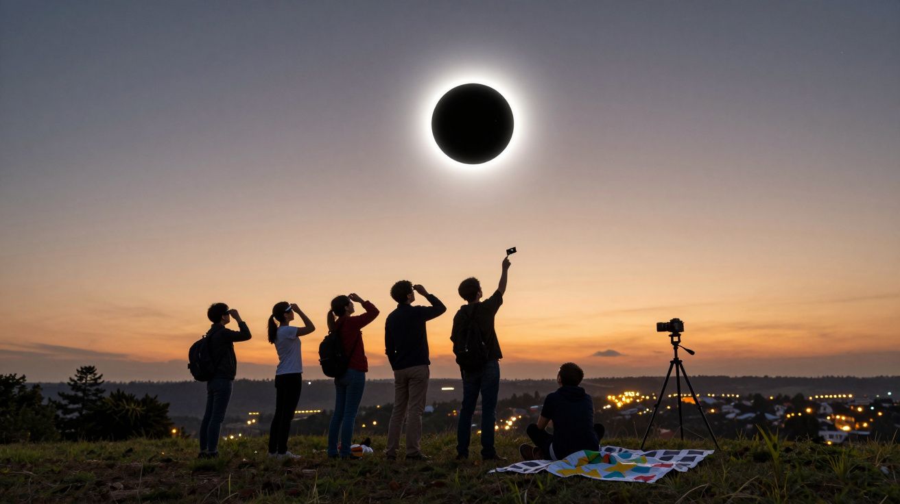 Siluete de oameni privesc o eclipsă de soare la apus, cu un cer clar și câmpie în fundal.