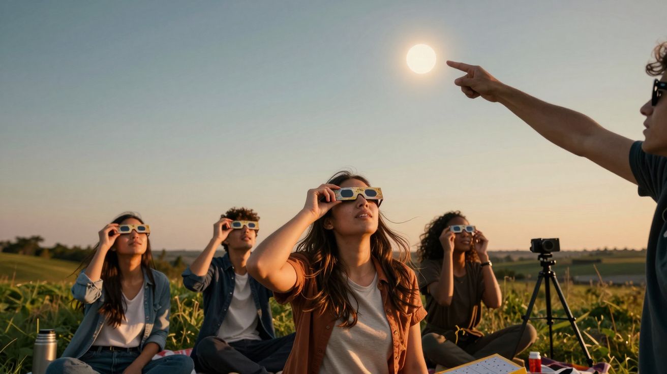 Un grup de tineri observă o eclipsă de soare cu ochelari speciali, stând pe iarbă într-un câmp.